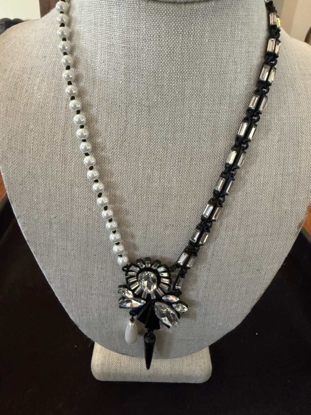 “Goth Girl” Asymmetrical Black matte Crystal & pearl Pendant Necklace